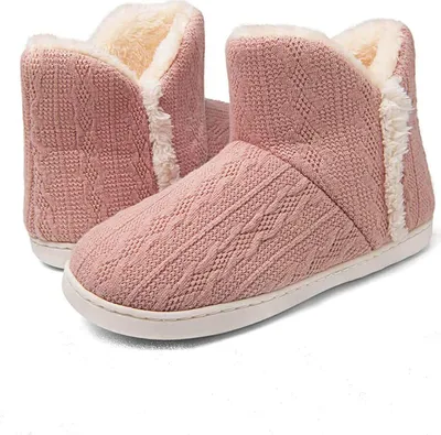 Produktbild von ASKSA Damen Warme Winterhausschuhe Gestrickte Rutschfeste Plüschhausschuhe Hüttenschuhe, Rosa, Größe: 36-37