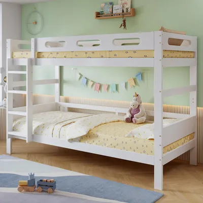Obrázek produktu pro MODFU Patrová postel 90 × 200 se dvěma matracemi, postel s žebříkem a zábranou proti pádu, rám postele, dřevěná postel z masivu, postel pro mládež s lamelovým roštem, bílá