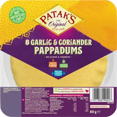 Produktbild von Patak's Pappadums Knoblauch Koriander, 80g – Knusprige Linsencracker Snack