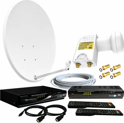 Produktbild von 2-Teinehmer Sat-Anlage 80cm Schüssel Spiegel, Twin LNB FULL HD 0,1dB, Sat-Receiver 2x MEDIAART 1080P Full HD 2x USB, Kabel, F-Stecker, vorprogrammiert Astra 19°E Deutsch