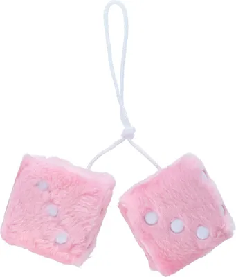A pair of pink fuzzy dice hanging from a white string.