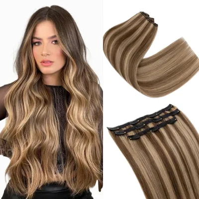 Immagine prodotto di Extension per capelli clip-on, capelli veri, color cioccolato/biondo scuro, lunghezza 35 cm, peso 66 g, confezione da 3 pezzi