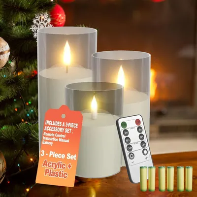 Obrázok produktu pre Sada 3 LED sviečok LARS360 s diaľkovým ovládaním, blikajúce LED sviečky s časovačom, s možnosťou stmievania, bezdrôtové, vrátane 6 batérií AA, výška 10/12,5/15 cm, priehľadné