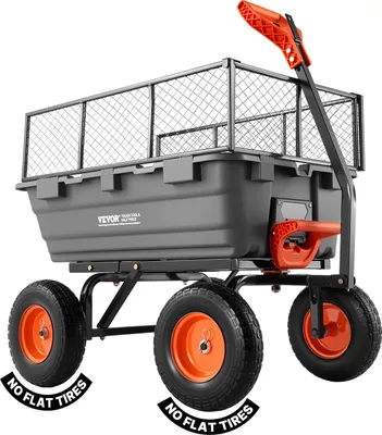 Zdjęcie produktu dla Wózek ogrodowy VEVOR z funkcją przechylania, wózek ręczny o nośności 544 kg, obrotowy wózek transportowy 270° do prac ogrodniczych, wykonany z tworzywa sztucznego i stali, z 13-calowymi oponamipoliuretan i metalową barierką do trawników, żwiru i błota.