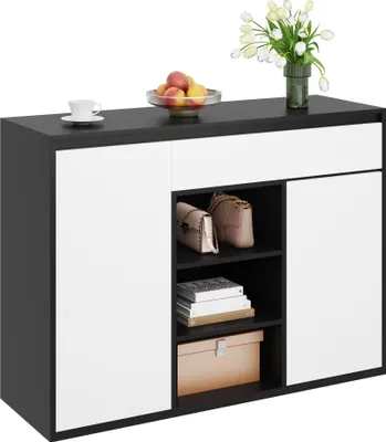 Immagine prodotto di Scarpiera Sweiko a due ante e un cassetto con scarpiera regolabile, moderna in bianco e nero, per corridoio, offre spazio per 12-17 paia di scarpe