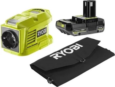 Zdjęcie produktu dla Zestaw podróżny: panel słoneczny RYOBI 21 W, ładowarka/transformator RY18BI150B-0, akumulator litowo-jonowy 18 V 2,0 Ah
