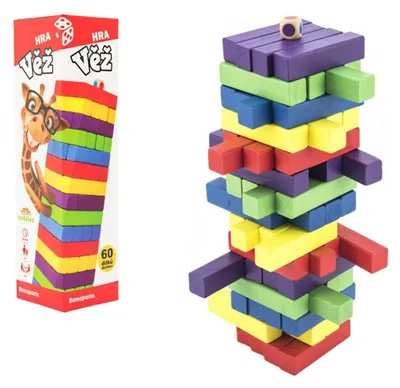 Produktbild von Holzturm-Spiel mit 60 bunten Teilen – Gesellschaftsspiel und Denksportaufgabe in einer Schachtel (7,5 x 27,5 x 7,5 cm)