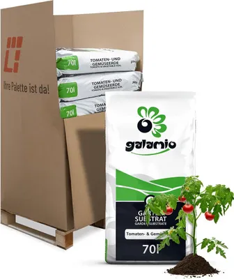 A pallet of Galamio tomato and vegetable soil bags with a small tomato plant.