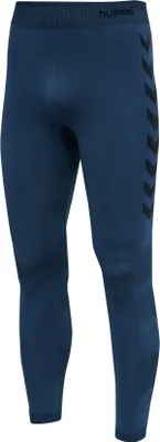 A pair of dark blue athletic leggings shown from the front.