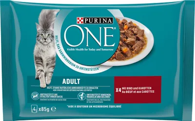 Produktbild von PURINA ONE Adult Katzenfutter nass, zarte Stückchen in Sauce mit Rind, 4erPack à 85g (1er Pack (4 x 85g))