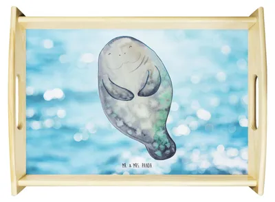 Produktbild von Mr. & Mrs. Panda Tablett Seekuh Happy - Oceanblue - Geschenk, Selbstliebe, Holztablett, Servier, Liebeskummer, Meer, Freundin, serviertablett aus holz, Achtsamkeit, Sofa