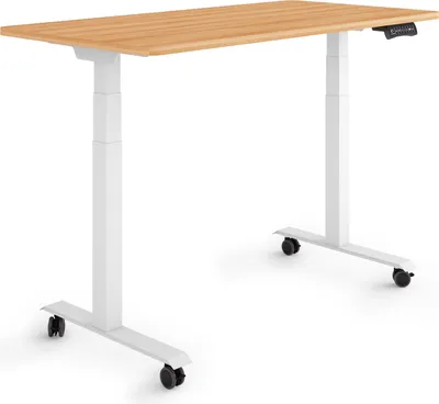 Produktbild von ESMART Germany EZX-132WM 120x60cm Ahorn-Nachbildung Ergonomischer Steh-Sitz-Schreibtisch auf Rollen Stufenlos elektrisch höhenverstellbar 65,5-130,5 cm 3 x Memory Aktivitätserinnerung