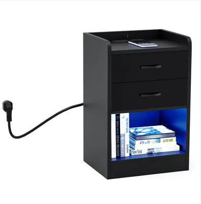Produktbild von LED Nachttisch mit 16 Farbe RGB Licht, Nachttisch mit Ladefunktion,Schwarz Hochglanz Nachtkommode Beistelltisch Sofatisch für Schlafzimmer 40x35x65cm