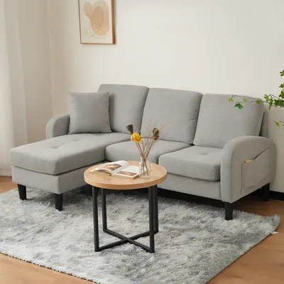 Image de Abrihome Canapé d'angle en L 3 places Canapé-166x118x77 cm avec chaise longue, revêtement en lin et mousse, gris