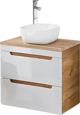 Produktbild von Waschtischset 60 cm mit 42 cm Keramik-Aufsatzbecken LUTON-56 in Hochglanz weiß mit Wotan Eiche Nb., B/H/T ca. 61/76,5/46 cm