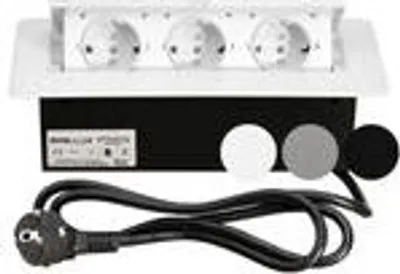 A white retractable power strip with three outlets and a black connection cable.
