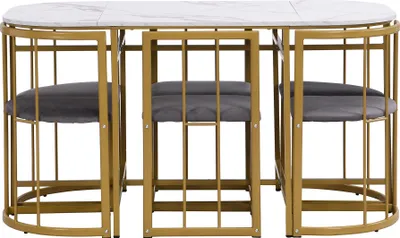 Immagine prodotto di Set di tavolo da pranzo Sweiko con sei sedie: (tavolo bianco, sedie con schienale e imbottitura grigia, struttura in ferro color oro), set di tavolo e sedie per sala da pranzo, combinazione di tavolo da pranzo moderno