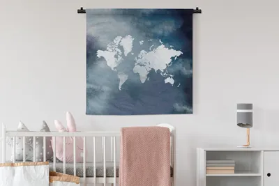 Produktbild von MuchoWow® Wandteppich Wandbehang Weltkarte - Aquarell - Blau 90x90 cm Tapisserie Dekoration Wandtuch - Wandaufhänger