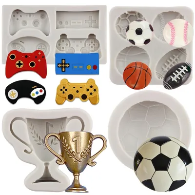 Image de Ensemble de moules en silicone pour fondant, comprenant 4 pièces : football, basketball, baseball, rugby