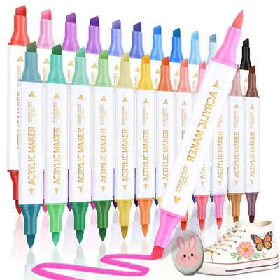 Produktbild von Acrylstifte Set 48 Farben Doppelspitzen Pinsel & Keilspitze für Stein, Holz, Glas