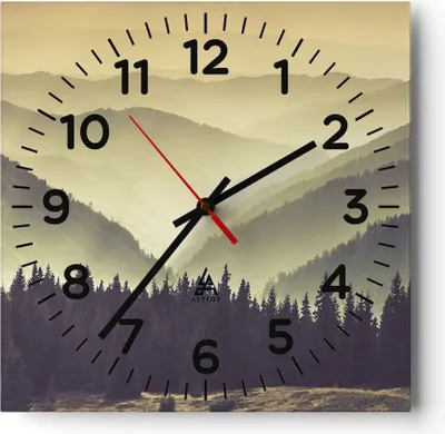 Produktbild von Wanduhr - Quadrat - Glasuhr - Berge Wald Natur - 40x40cm - Schleichendes Uhrwerk - Lautlos - zum Aufhängen bereit - Dekoration Modern - Wanddekoration aus Glas - C4AC40x40-3820