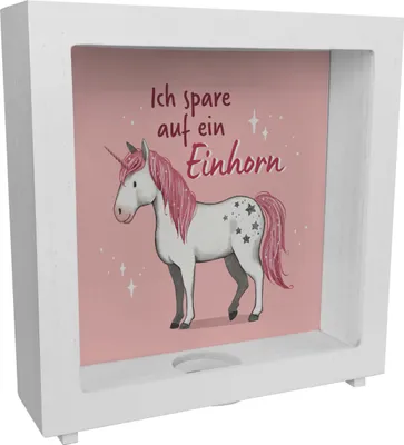 Produktbild von Einhorn Rahmen Spardose aus Holz in rosa mit Spruch Ich spare auf ein Einhorn