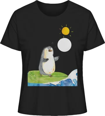 Produktbild von Mr. & Mrs. Panda damen shirt Pinguin Surfer Größe L - Schwarz - Geschenk, Urlaub, Baumwoll T-Shirt, Portugal, Basic, Oberteil, Sommershirt, Optimistisch, Pinguine, Hawaii