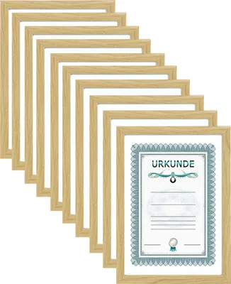 A stack of ten natural wood picture frames, with one frame in the foreground displaying a certificate with the word 'URKUNDE' at the top.
