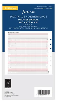 Produktbild von FILOFAX Kalendereinlage 2027 - PERSONAL - 1 Monat = 2 Seiten - Professional - deutsch
