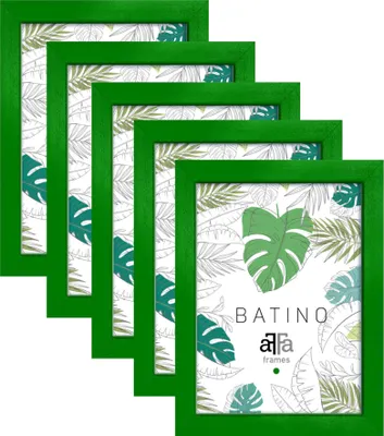 A set of five green picture frames arranged in a staggered diagonal pattern, with a tropical leaf pattern visible inside each frame.