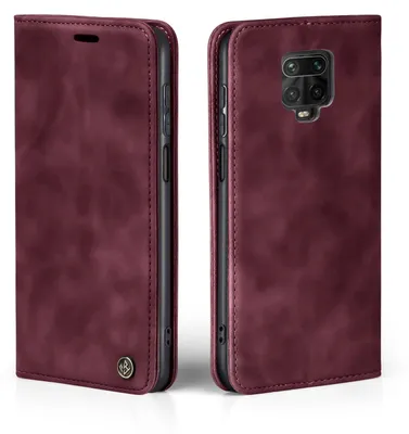 A product shot of a burgundy flip phone case for a Xiaomi Redmi Note 9 Pro, shown from the front and back.