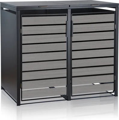 A two-bin trash can enclosure with doors.