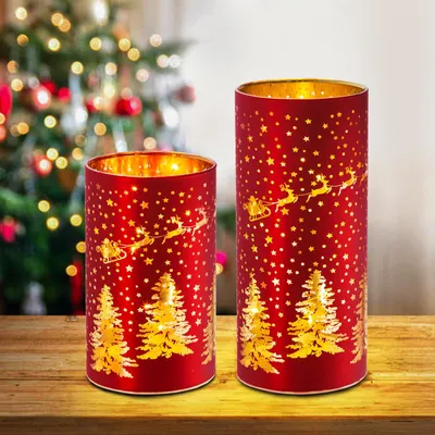 Weihnachtslampe 2er-Set, Glas, LED, Timer, warmweiß, 9x15/20 cm