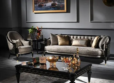 Produktbild von Casa Padrino Luxus Barock Wohnzimmer Set Silbergrau / Schwarz / Gold - 1 Chesterfield Sofa & 1 Sessel & 1 Couchtisch & 1 Beistelltisch - Barockmöbel