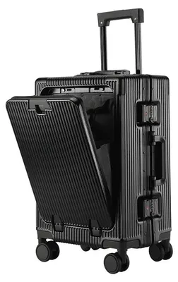 Produktbild von Rollkoffer - Handgepäck Trolley 50 cm - Frontöffnung - Großes Volumen - Aluminiumrahmen - 360° Spinner-Rollen - USB-Ladeanschluss mit Becherhalter - Schwarz
