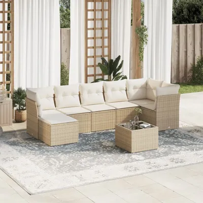 Produktbild von 8-tlg. Garten-Sofagarnitur - Gartenmöbel Lounge-Set mit Kissen Beige Poly Rattan,68,8 Kg