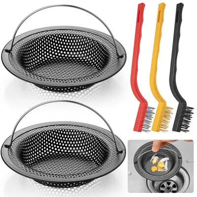 Image de Filtre d'évier en acier inoxydable noir (2 pièces) – Filtre d'évier avec poignée, filtre de douche avec 3 brosses, pour les déchets de cuisine, filtre à cheveux pour la salle de bains