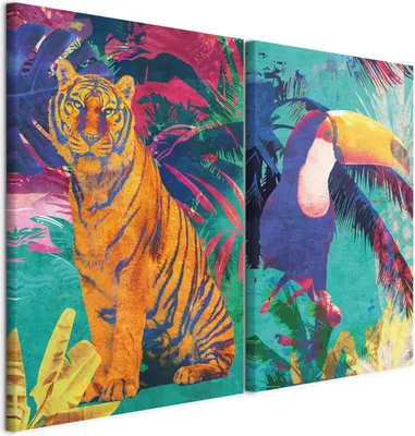Produktbild von murando - Wandbilder XXL Set Tiger und Tukan 120x90cm 2 Teilig je 60x90cm Collage 2er Leinwandbild Groß Wanddeko Kinderzimmer Wanddekoration - Vogelbilder Botanische Jugendstil g-C-10191-b-a