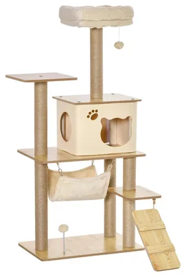 Image de Arbre à chat - Griffoir - 5 niveaux - Bois - Plateformes - Hamac - Grotte - Beige