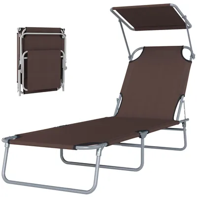 Produktbild von Klappbare Gartenliege mit Sonnendach und verstellbarer Rš¹ckenlehne fš¹r Garten, Terrasse und Camping, 187 x 58 x 36 cm, Braun