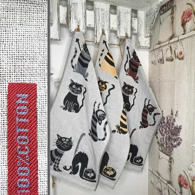 Produktbild von 3er Set 100% Baumwolle Baumwollgaze zweiseitige Handtücher 35x75cm Küchentücher, Badetücher mit Druckmotiv Katzen Design Katzenmotiv