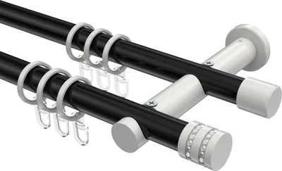 Produktbild von Interdeco Gardinenstange / Vorhangstange Schwarz / Weiß, Typ Platon Estana (Glitzerkappe), 20 mm Ø 2-läufig, 220 cm
