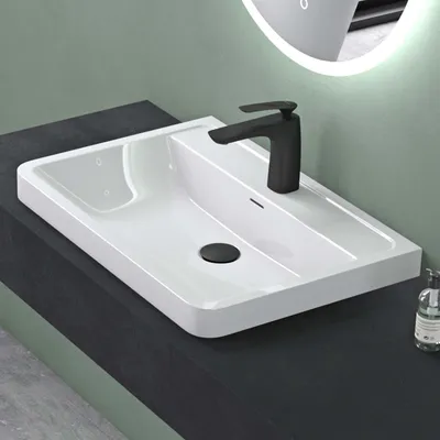 Produktbild von Mai&Mai Einbauwaschbecken Mineralguss Weiß glänzend 60 cm, rechteckig, mit Überlauf, Armaturloch und DIN-Anschlüssen, Colossum08