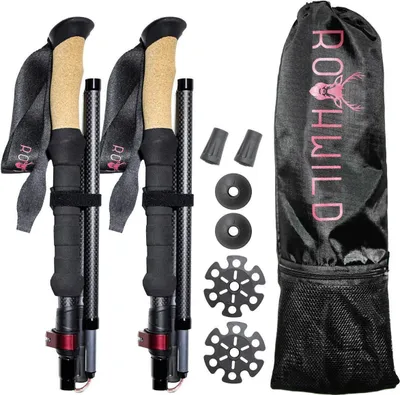 A set of Rothwild folding carbon hiking poles with accessories, laid out on a white background.