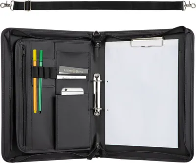 Produktbild von ONVAYA® Konferenzmappe A4 mit Tragegurt | schwarz | Aktenmappe | Businessmappe | Schreibmappe mit Block | strapazierfähiges Kunstleder | Metallplatte für Gravur | Dokumentenmappe