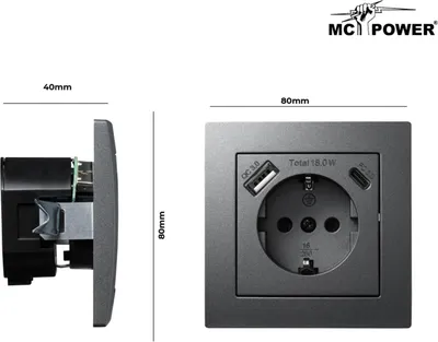 Produktbild von Schutzkontakt-Steckdose McPower Flair 1x USB-C 18W PD 1x USB-A anthrazit