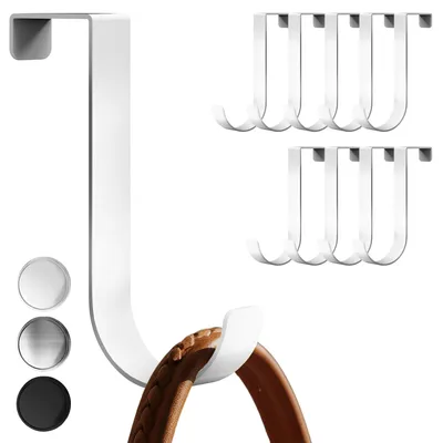 Produktbild von Aurelia Home Türhaken zum Aufhängen, 10er Set, Weiß - Edelstahl Garderobenhaken für Türen, einzeln nutzbare J-förmige Haken, robuste Türgarderobe mit hoher Belastbarkeit, Türhakenleiste