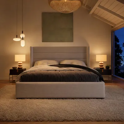 Immagine prodotto di Letto imbottito UnboxG, dimensioni 160x200 cm, con contenitore, sistema di sollevamento idraulico, testiera imbottita con motivo trapuntato e rivestita in lino, colore beige
