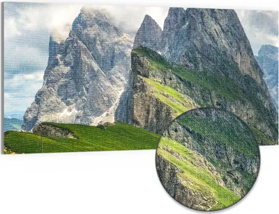 Produktbild von DEQORI Hybrid Leinwand Bild 100x50 cm 'Dolomitenzauber' Wandbild Glas flach modern