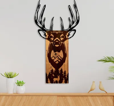Produktbild von Wallity, Deer in Mountain, Dekoratives Wandaccessoire aus Holz, Nussbaum, 50 % HOLZ / 50 % METALL, 48 x 3 x 58 cm